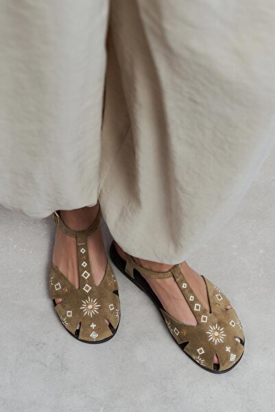 NİŞANTAŞI SHOES Utya Rome Beige Suede Leather Embroidery Detail Flat Sole Wom...