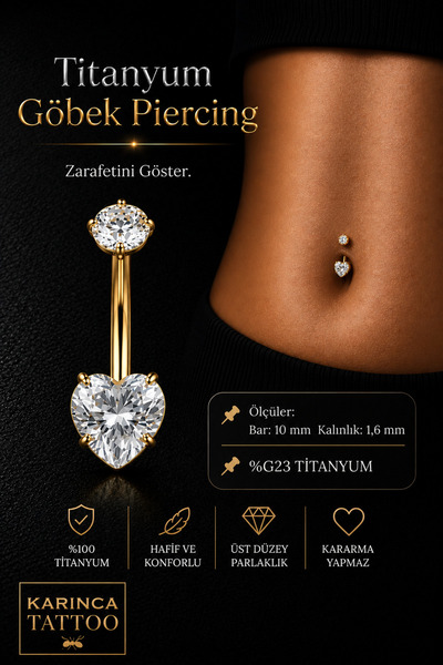 Karınca Piercing Kalp Zirkon Taşlı Titanyum Göbek Piercingi Titanium Belly Pi...