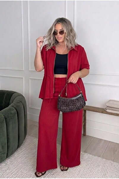 Koza Butik طقم بدلة رياضية نسائية مقاس كبير بأكمام قصيرة وحزام عند الخصر وياق...