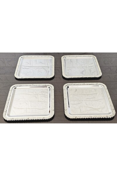 atabey home collection 6 ADET SUNUM TEPSİSİ KARE HASIR FULL GÜMÜŞ TEPSİ 22 CM