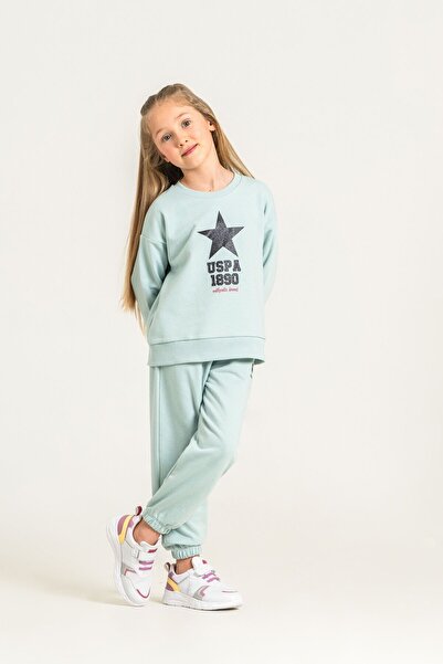U.S. Polo Assn. طقم رياضي بأكمام طويلة مطبوع باللون الأخضر للفتيات US2719-C-V3