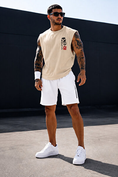 caddekombin Japanese Calligraphy Printed Zero Sleeve Round Neck White T-Shirt...