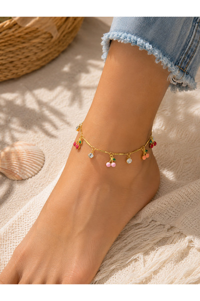 MODA MANANI Women's Gold and Colorful Enamel Cherry Figured Stone Anklet