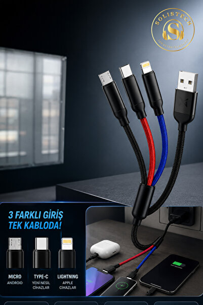 Solistech 3 in 1 süper hızlı örgülü yırtılmaz kırılmaz 1.2 metre USB & typ-c lightning micro başlıklı kablo