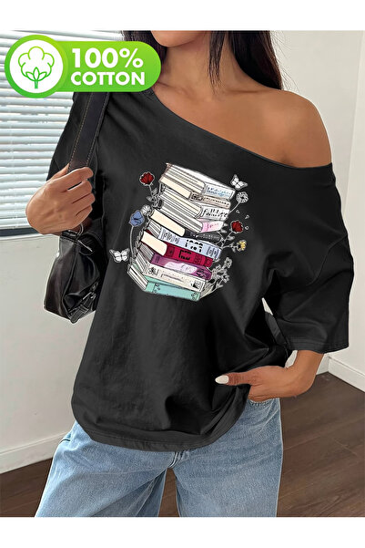 OVER HEAD Γυναικεία μπλουζάκια με στάμπα Floral Books, με λαιμόκοψη Kayak, με...