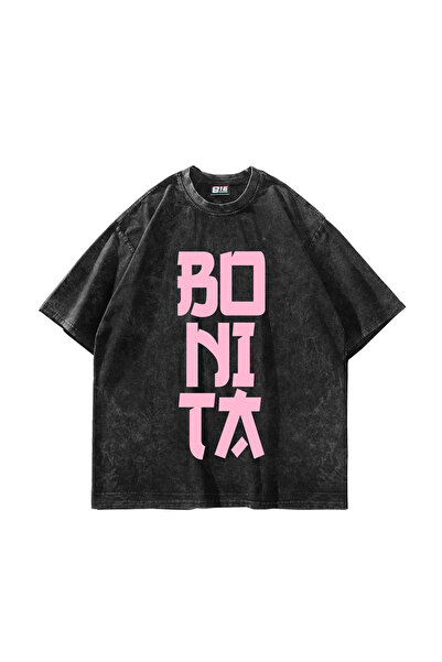 Sekizbiraltı Bonita Pink Pink Lettered Washable Black Oversize Tshirt