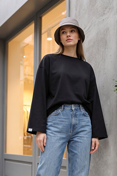 MODAQU Oversize Bisiklet Yaka Basic Penye Sweatshirt - Siyah