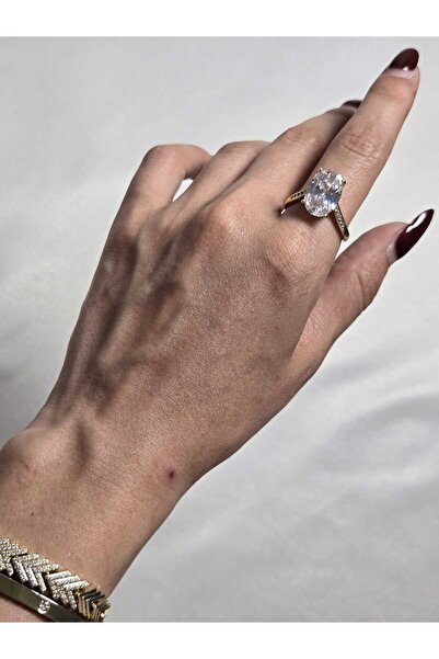 Roseliere Jewelry Luna 14K Altın Kaplama Oval Zirkon Taşlı Tektaş Yüzük Şık T...