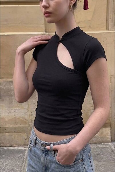 Minga London Black Mandarin Collar Plain Qipao Y2K Short Sleeve Crop