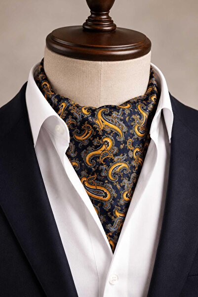 Kravatkolik Cravată Ascot din mătase italiană cu model șal portocaliu și bleu...