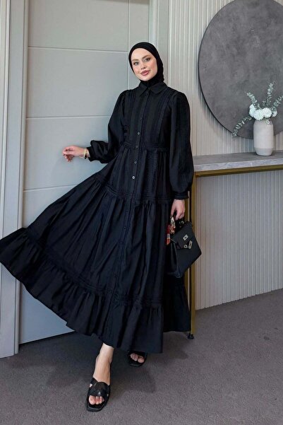 Hazamoda Ivana Guipure Detailed Dress Black