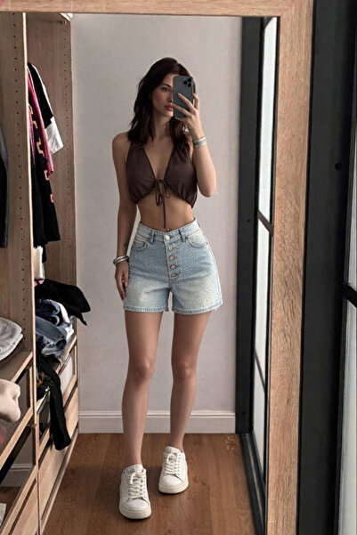 XRAY JEANS Women's Slim Fit Stoned Ice Blue Short Denim Shorts
