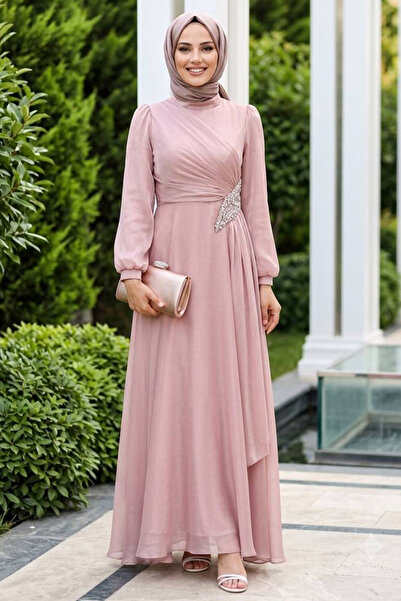 N.S NEVA STYLE Sparkling Fabric Draped Powder Hijab Evening Dress 4916Pd