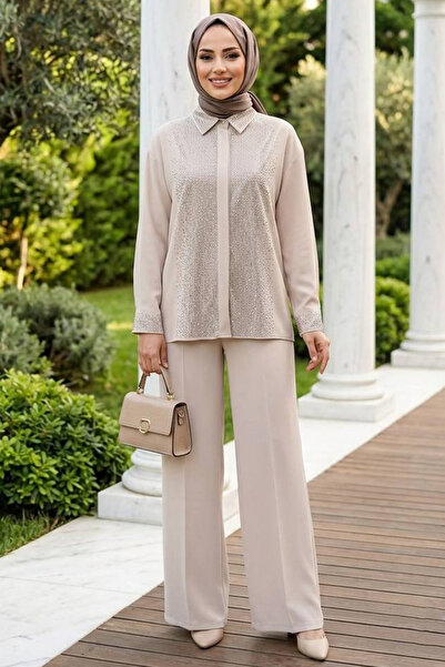 Neva Style Set dublu Hijab din crep bej, importat, cu broderie în culoarea pi...