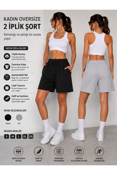 BEAXES 2'li Şort Kadın (Siyah-Gri) Oversize Terletmeyen Beli Bağcıklı Cepli Şort