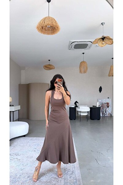 Buket Teke Brown Asymmetrical Cotton Halter Dress