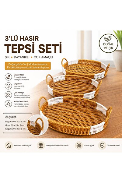 Duruper Kimya 3’lü Hasır Tepsi Seti Oval Dekoratif Sunum Tepsisi Doğal Rattan...
