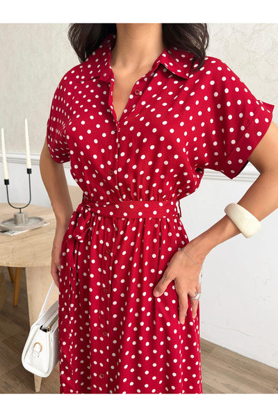 Ded COLLECTION Women's short sleeve belt detailed polka dot patterned viscose...