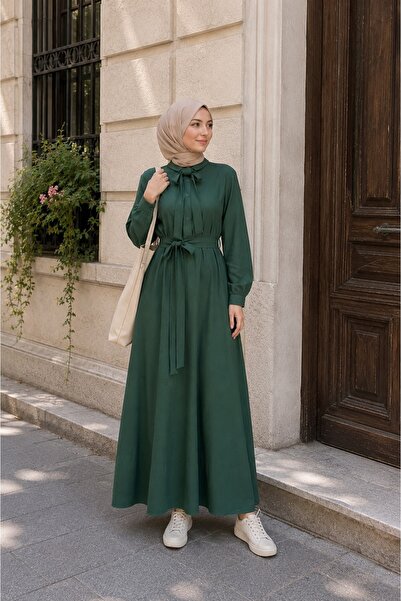 Wise&Go Store Kadın Yeşil Fular Bağlama Detaylı Tesettür Elbise