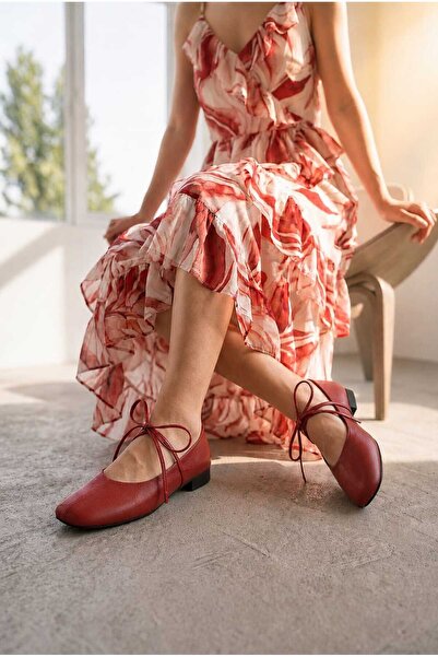 HİGHRUN Women's Red Vintage Lace-Up Ballerinas – Square Toe Flat Shoes