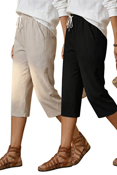 COOL TARZ Women's Set of 2 Beige Black Linen Blend Elastic Waist Capri Pants ...