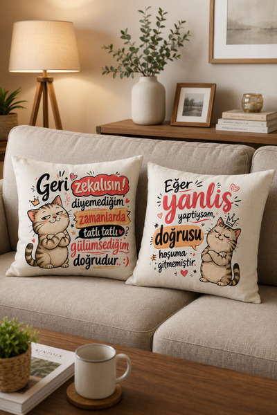 Elbasan Tekstil Atarlı Sözler 40 x 40 Κάλυμμα Μαξιλαριού 2 τεμαχίων με φερμουάρ