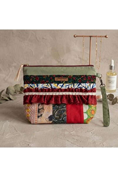 Hanife Baylam Handmade Patchwork Patterned Zippered Organizer Bag with Ruffle...