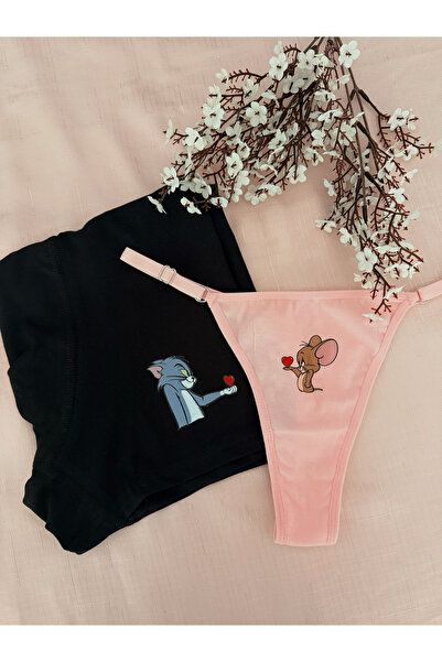 MH Moony Homewears Farecik Kedicik Tanga Boxer Çift Çamaşır (Kadın Standart, ...
