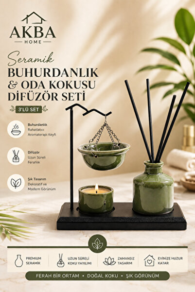AKBA HOME Seramik Buhurdanlık ve Çubuklu Oda Kokusu Difüzör Seti 3’lü Dekorat...