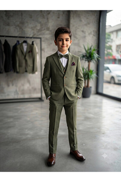 MY DEDE Çocuk Koyu Yeşil Beyaz Çizgili Yelekli Klasik Takım Elbise
