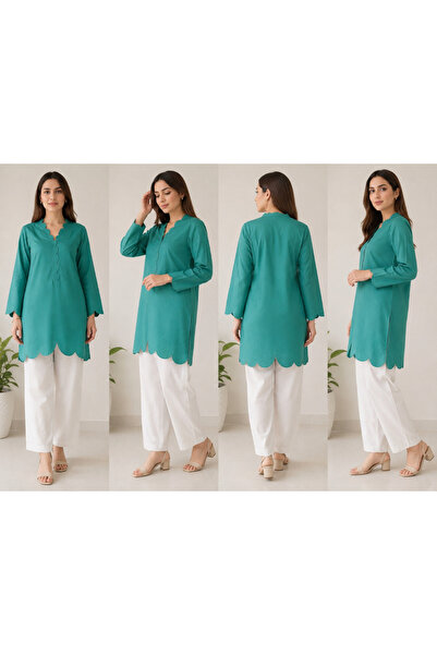 Libas lab - Scallop Neck Cotton Modest Shirt – Teal Green - Loose Fit