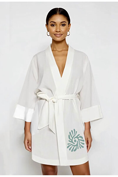 Kidilia White Muslin Kimono with Green Coral Image