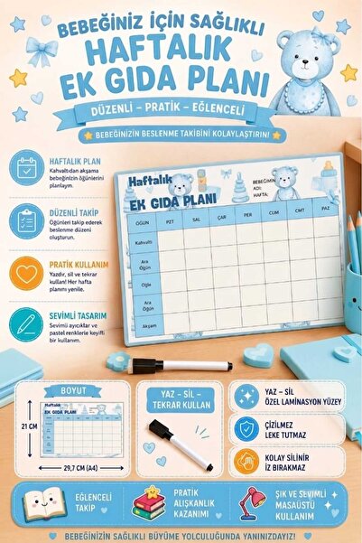 URDE Yaz Sil Mavi Bebek Haftalık Ek Gıda Tablosu ve Beslenme Planlayıcı - Tek...