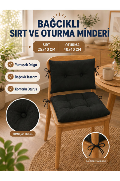 TOPCORN Bağcıklı 40x40-25x40 cm Yumuşak Dolgulu Sırt ve Oturma Minderi Balkon...