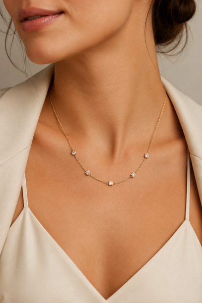 Balenbi Jewelry Five Square Stone Detailed Thin Chain Non-Tarnish Steel Women...