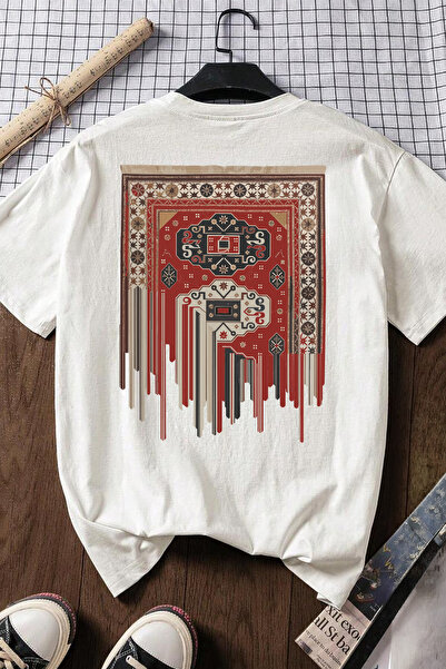 Spoyi Bohem Kilim Tasarımlı %100 Pamuk Yarım Oversize Beyaz T-XLhirt