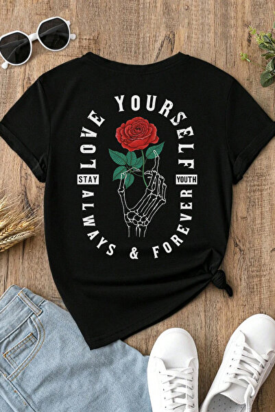 Spoyi Forever Rose dizajnirana 100% pamučna polu-oversize crna majica T-XL