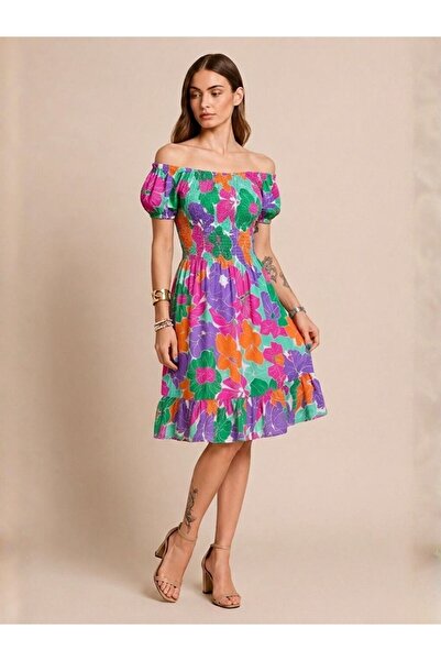 Flubutik Women's Colorful Watermelon Sleeve Short Dress Floral Pattern