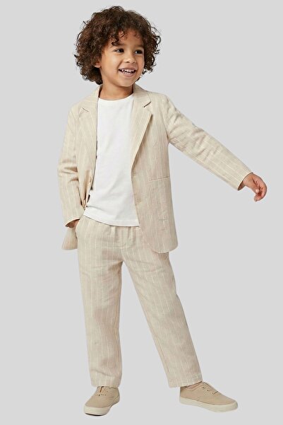 ww waka waka kids store Boy's Beige Striped Linen Look Blazer Jacket and Trou...