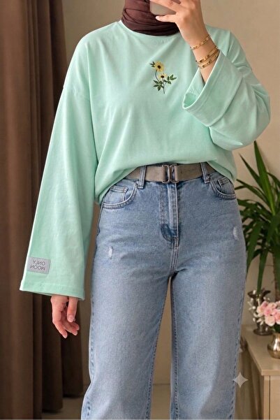 onlymoon Nakış Detaylı Geniş Kol Penye Tesettür Body Bluz Kadın Oversize Uzun...