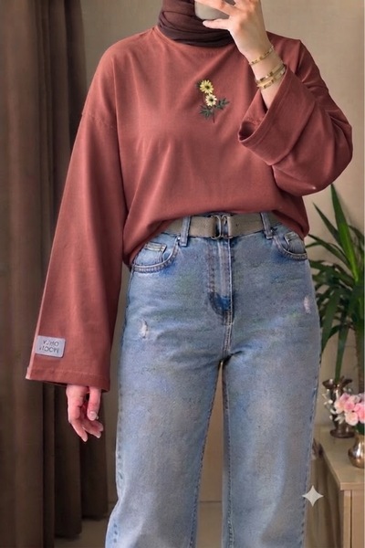 onlymoon Nakış Detaylı Geniş Kol Penye Tesettür Body Bluz Kadın Oversize Uzun...