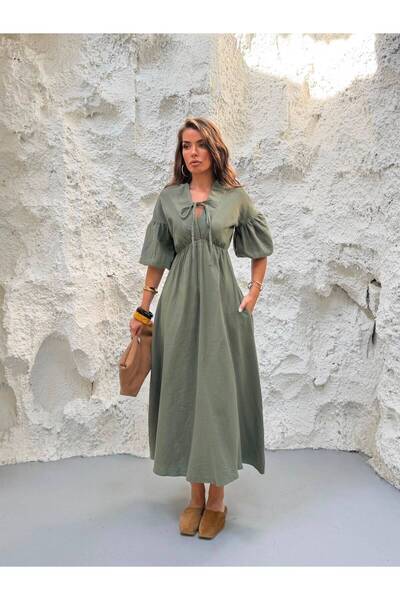MADAME MELEK Premium Special Edition Muslin Fabric Balloon Sleeve Midi Dress