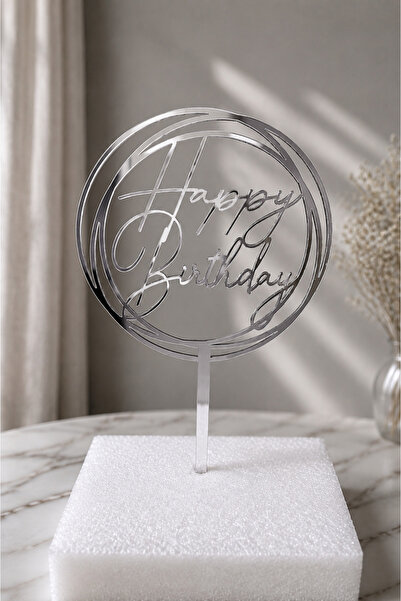 Pleksibu Round Happy Birthday Silver Cake Topper
