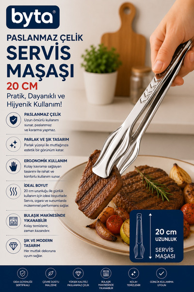 BYTA Stainless Steel Serving Tongs 20 cm Ergonomic Kitchen and Grilling Tongs