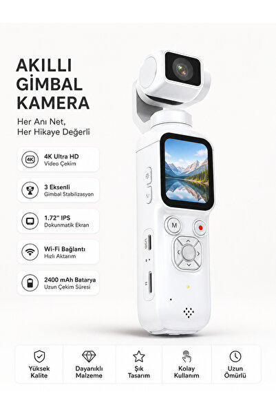 Qifit 75MP 4K Ultra HD Vlog Kamerası 330° Gimbal Stabilizatörlü Mini Kamera V...