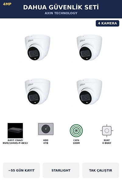 DAHUA 4 Kameralı 4MP Güvenlik Kamera Seti 4MP IP PoE Starlight Dome İç Mekan ...