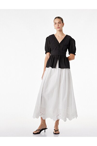 Koton Cotton Slim Fit V-Neck Ruched Short Balloon Sleeve Blouse