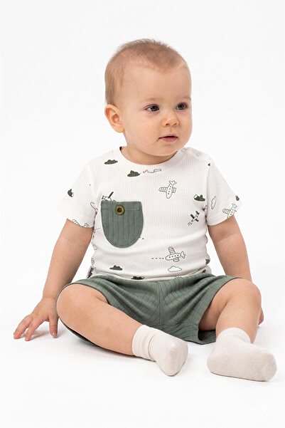 bebegen Baby Boy White Green Airplane Printed Shorts with Pockets 2-Piece Set