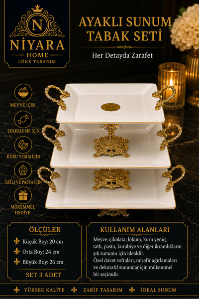 Niyara home 3-Piece Porcelain Set with Stand, Presentation Plate Set, Eleganc...