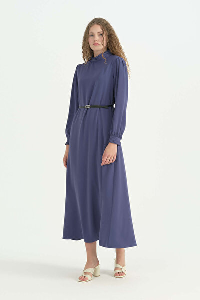 Nihan Pile Detailed Belted Dress - Indigo